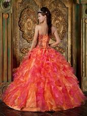 Beaded Orange And Hot Pink Ruffles Skirt Quinceanera Gown