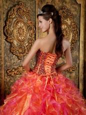 Beaded Orange And Hot Pink Ruffles Skirt Quinceanera Gown