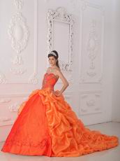 Orange Embroidered Bottom Quinceanera Gown With Chapel Train