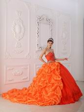 Orange Embroidered Bottom Quinceanera Gown With Chapel Train