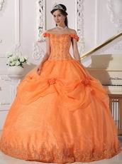 Off Shoulder Neckline Orange Organza Quinceanera Dress Cheap