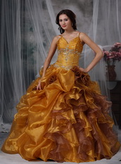 Spaghetti Straps Ruffled Yellow Quinceanera Dress With Flowers Like Princess