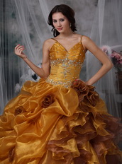 Spaghetti Straps Ruffled Yellow Quinceanera Dress With Flowers Like Princess