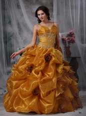 Spaghetti Straps Ruffled Yellow Quinceanera Dress With Flowers Like Princess