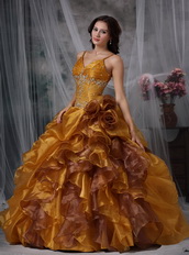 Spaghetti Straps Ruffled Yellow Quinceanera Dress With Flowers Like Princess