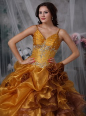 Spaghetti Straps Ruffled Yellow Quinceanera Dress With Flowers Like Princess