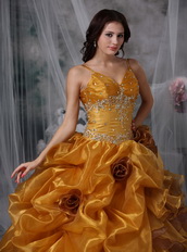 Spaghetti Straps Ruffled Yellow Quinceanera Dress With Flowers Like Princess