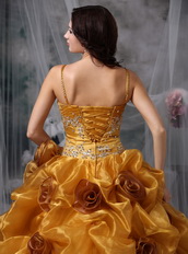 Spaghetti Straps Ruffled Yellow Quinceanera Dress With Flowers Like Princess