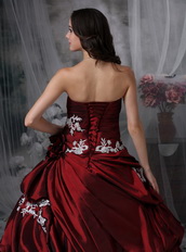 Strapless Burgundy Pretty Quinceanera Dress With White Appliques Like Princess