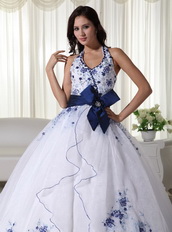 White Halter Quince Dress With Royal Embroidery And Belt Like Princess