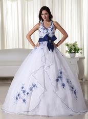 White Halter Quince Dress With Royal Embroidery And Belt Like Princess