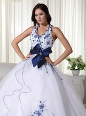 White Halter Quince Dress With Royal Embroidery And Belt Like Princess