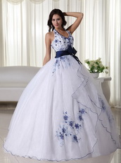 White Halter Quince Dress With Royal Embroidery And Belt Like Princess