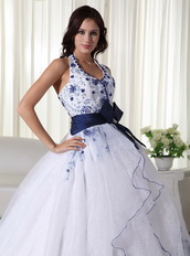 White Halter Quince Dress With Royal Embroidery And Belt Like Princess