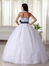 White Halter Quince Dress With Royal Embroidery And Belt Like Princess