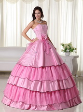 Rose Pink Beaded Layers Floor-length Ball Gown For Girls Like Princess