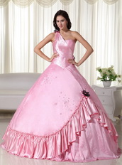 Baby Pink One Shoulder Long Big Puffy Skirt Quinceanera Dress Like Princess