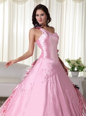 Baby Pink One Shoulder Long Big Puffy Skirt Quinceanera Dress Like Princess