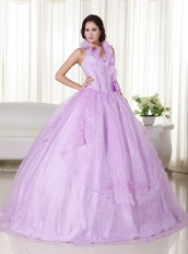 Lilac Halter Ruffle Puffy Quince Dress With Embroidery Like Princess