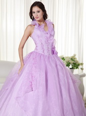 Lilac Halter Ruffle Puffy Quince Dress With Embroidery Like Princess