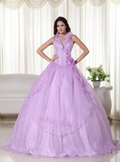 Lilac Halter Ruffle Puffy Quince Dress With Embroidery Like Princess
