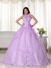 Lilac Halter Ruffle Puffy Quince Dress With Embroidery Like Princess