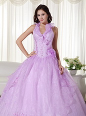 Lilac Halter Ruffle Puffy Quince Dress With Embroidery Like Princess