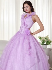 Lilac Halter Ruffle Puffy Quince Dress With Embroidery Like Princess