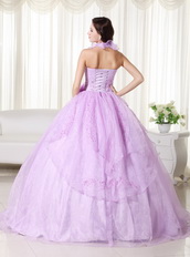 Lilac Halter Ruffle Puffy Quince Dress With Embroidery Like Princess