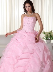 Strapless Ruffles Skirt Puffy Pink Quince Dress With Beading Like Princess