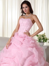 Strapless Ruffles Skirt Puffy Pink Quince Dress With Beading Like Princess