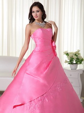 Pink Strapless Handmade Flowers Back Lace Up Quince Dress Like Princess