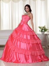Coral Pink Strapless Embroidered Quinceanera Puffy Skirt Like Princess