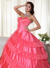 Coral Pink Strapless Embroidered Quinceanera Puffy Skirt Like Princess