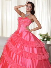 Coral Pink Strapless Embroidered Quinceanera Puffy Skirt Like Princess