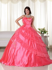 Coral Pink Strapless Embroidered Quinceanera Puffy Skirt Like Princess