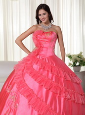 Coral Pink Strapless Embroidered Quinceanera Puffy Skirt Like Princess