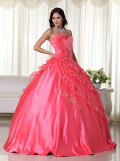 Coral Pink Strapless Embroidered Quinceanera Puffy Skirt Like Princess