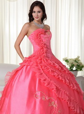 Coral Pink Strapless Embroidered Quinceanera Puffy Skirt Like Princess