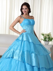 Cheap Aqua One Shoulder Layers Skirt Dress For Quinceanera Like Princess