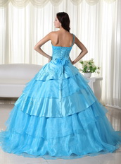 Cheap Aqua One Shoulder Layers Skirt Dress For Quinceanera Like Princess