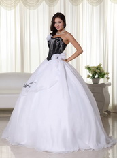 Black Bodice Strapless White Skirt Organza Dress For Quince Like Princess