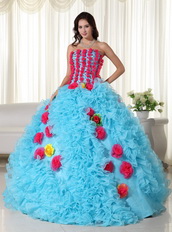 Aqua Quinceanera Dress With Rose Pink Flowers Bodice and Skirt Like Princess