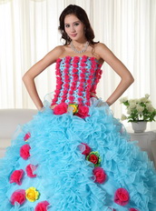 Aqua Quinceanera Dress With Rose Pink Flowers Bodice and Skirt Like Princess