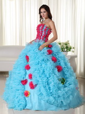 Aqua Quinceanera Dress With Rose Pink Flowers Bodice and Skirt Like Princess