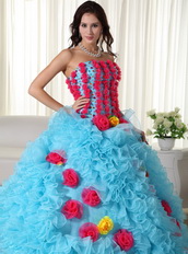 Aqua Quinceanera Dress With Rose Pink Flowers Bodice and Skirt Like Princess