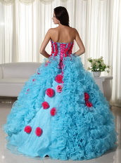 Aqua Quinceanera Dress With Rose Pink Flowers Bodice and Skirt Like Princess