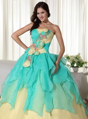 Aqua and Yellow Stitched Together Dress For Quinceanera Girl Like Princess