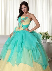 Aqua and Yellow Stitched Together Dress For Quinceanera Girl Like Princess