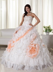 White With Peach Big Puffy Quinceanera Dress With Train Like Princess